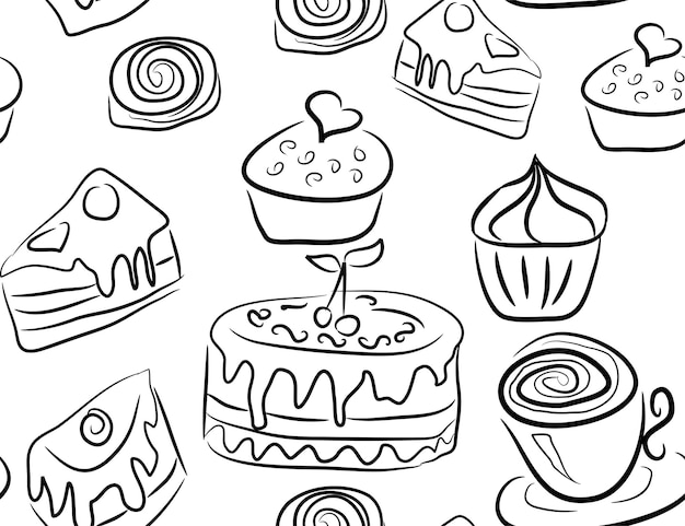 Sweet doodle pattern with cupcakes cakes candies and cones hand drawn seamless pattern