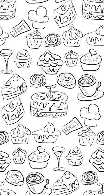 Sweet doodle pattern with cupcakes cakes candies and cones hand drawn seamless pattern