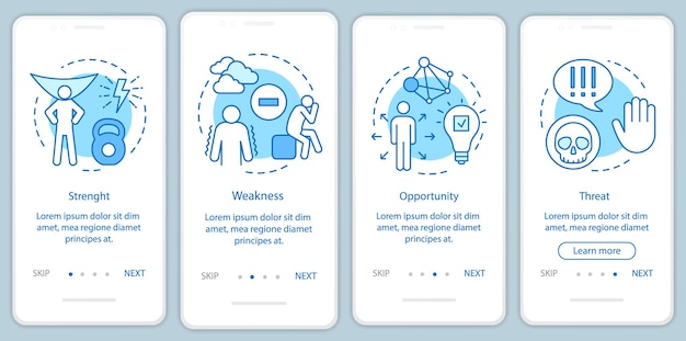 SWOT analysis blue onboarding mobile app page screen vector template