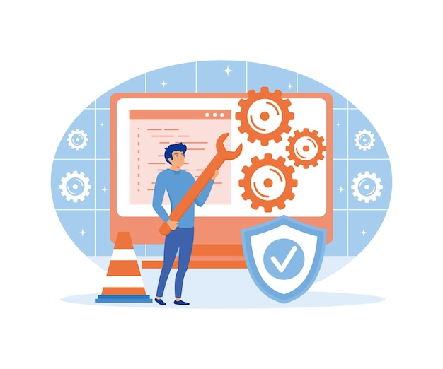 system maintenance concept update program and application error fixing a trouble device updating flat vector modern illustration