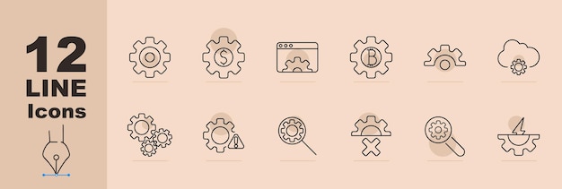 System settings set icon Gear configurations economy cog blockchain gear workflow control cloud sync search cog optimization error toggle buttons security System adjustment and automation