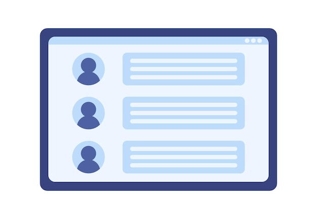 Tablet screen with users comments semi flat color vector object