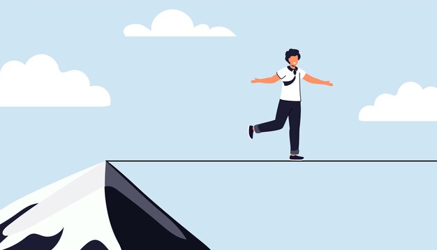 Taking risk concept for success Man walking on tight rope symbol vector illustration