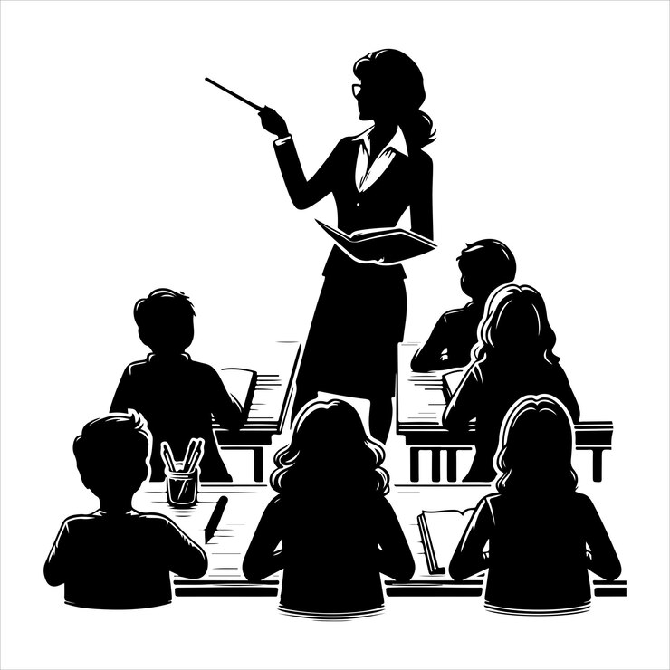 Vektor teacher delivering lecture in front of blackboard with engaged students silhouette black color vecto