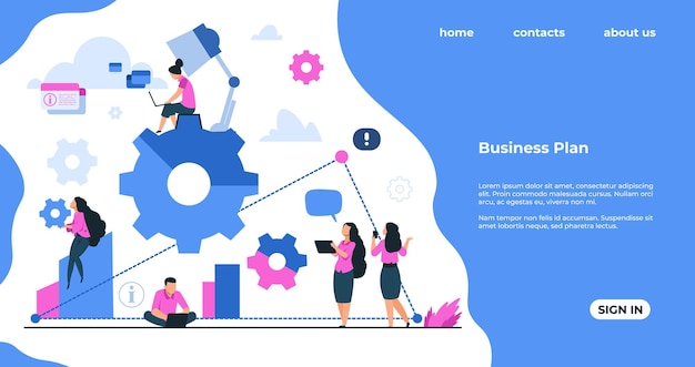 team building landing page. business development, work process organization and teamwork cooperation concept. vector banners webpage mechanism communication people in business
