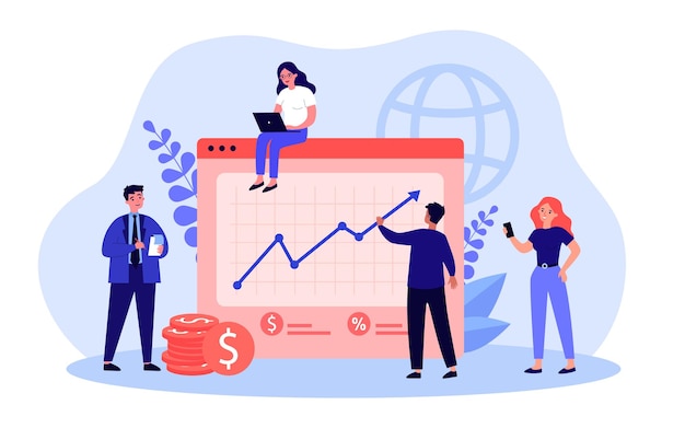 Team of business cartoon characters planning company budget. Office people with business plan flat vector illustration. Success, finances, teamwork concept for banner, website design or landing page