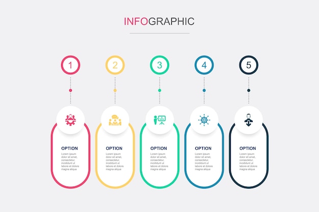 Teamwork communication planning management contribution icons Infographic design template Creative concept with 5 steps