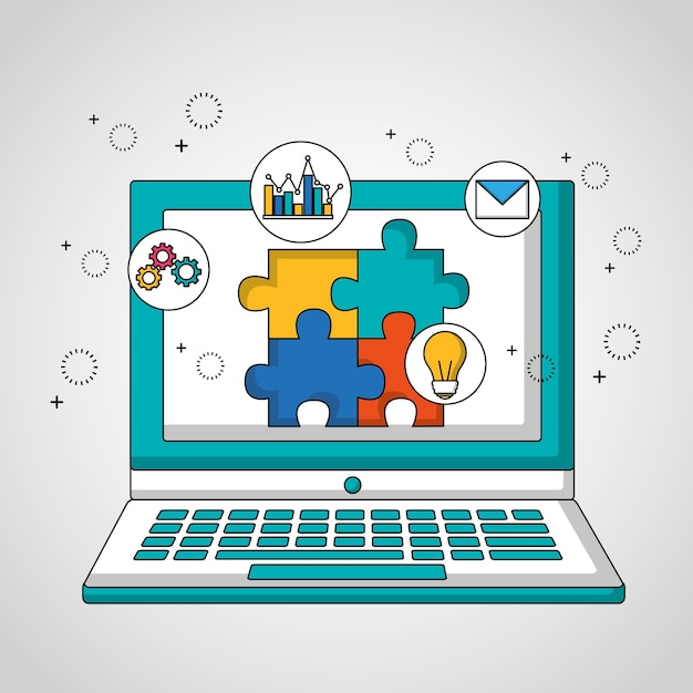 teamwork computer with puzzle in screen