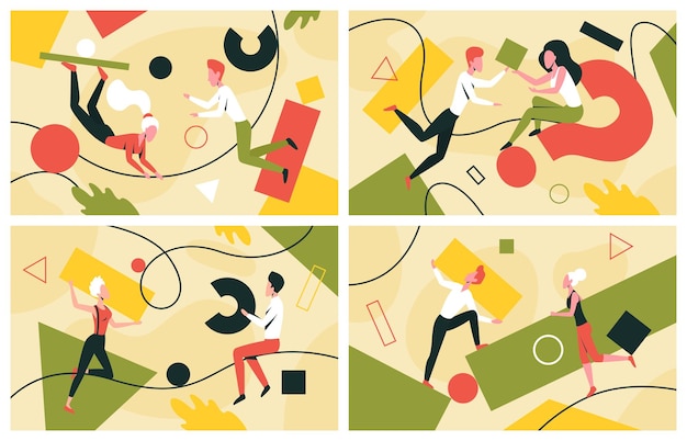 Teamwork of characters with geometric shapes set corporate colleague organize figures