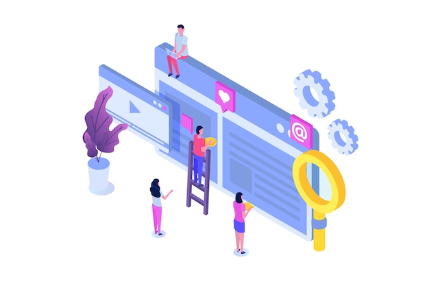 Teamwork success isometric. Construction project. Building Business on the internet.