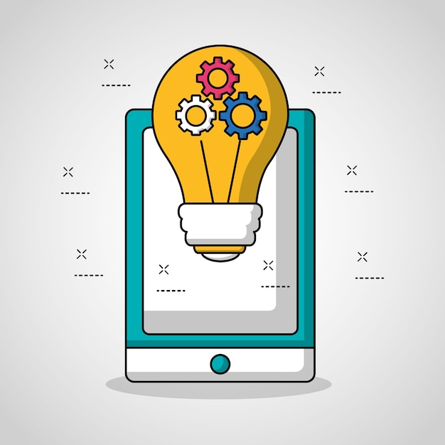 teamwork technology smartphone bulb idea with tools 