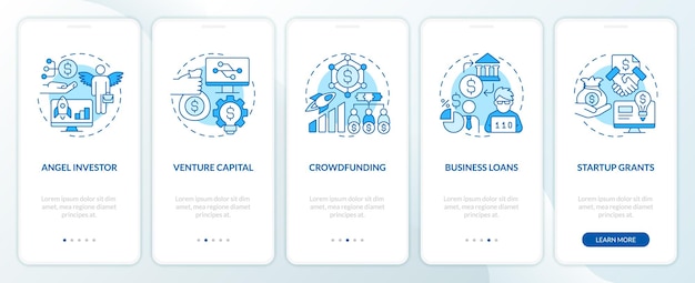 Tech startup financing options blue onboarding mobile app screen