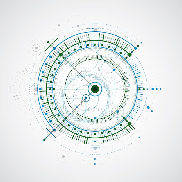 Technical blueprint, blue and green vector digital background with geometric design elements, circles. Illustration of engineering system, abstract technological backdrop.