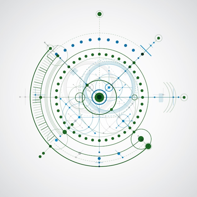 Technical drawing made using dashed lines and geometric circles. Colorful vector wallpaper created in communications technology style, engine design.