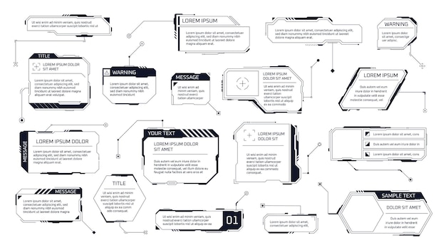 Technological callouts Text callout chart digital technology production category hud tech title boxes infographic lower third frame for quote textbox garish vector illustration