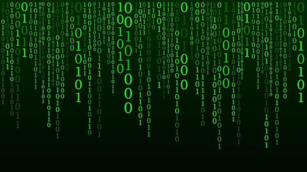 Technologie, binární kód. Náhodně padající zelené číslice na obrazovce. Hacknutý software. Matrix vědecké pozadí. Analýza velkých dat