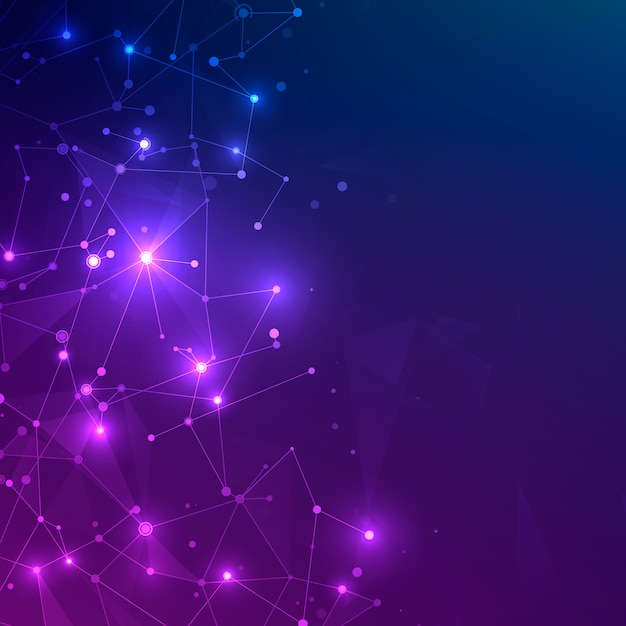 Technology mesh with polygonal shapes on dark blue and purple background.  digital technology concept. Chaotic web plexus structure. Abstract futuristic texture. 