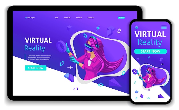 Template Website Isometric Landing page concept VR virtual reality concept girl augmented glasses. Easy to edit and customize, Responsive.