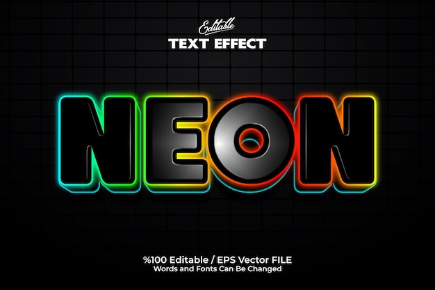 Textový efekt 'Neon' vytvořený na černém pozadí, barevný a plně přizpůsobitelný a editovatelný s barvami písma a textem