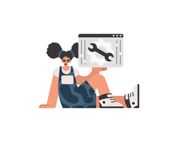the energized woman is holding a browser window with gears seo and web examining subject confined trendy style vector illustration