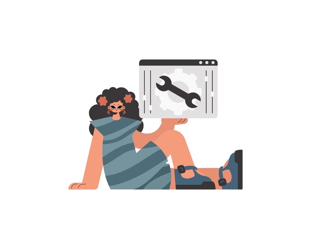 the enthusiastic woman is holding a browser window with gears seo and web exploring subject limited trendy style vector illustration