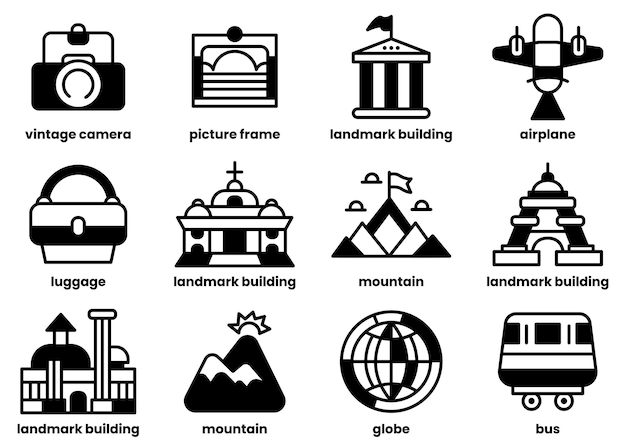 The image is a collection of icons representing various landmarks and buildings