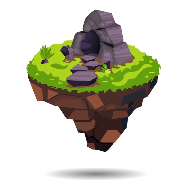 the island is floating in the air background with a stone cave