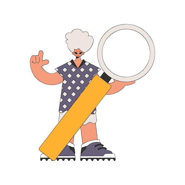 the man is holding a magnifying glass search for information linear retro style character