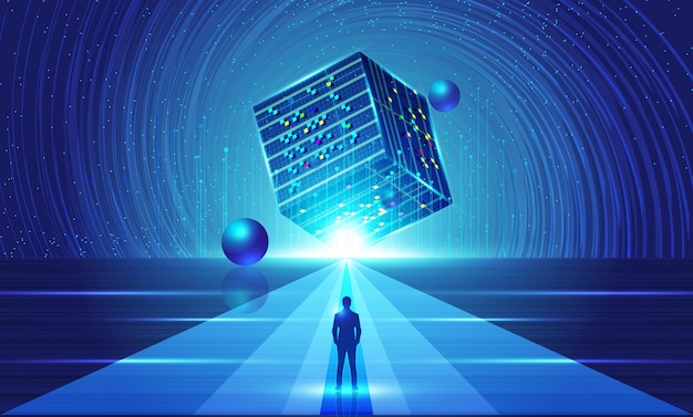 the merchant faces the vortex cube universe starry future technology concept