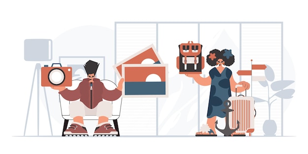 The person and the exuberant lady are going on a trip The concept of rest and travel Trendy style Vector Illustration