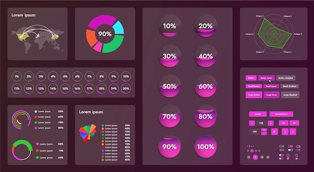 The picture shows the interface of a web application or site consisting of navigation elements buttons and various components Design includes menu search form icons and vector graphics