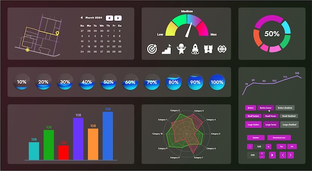 The picture shows the interface of a web application or site consisting of navigation elements buttons and various components Design includes menu search form icons and vector graphics