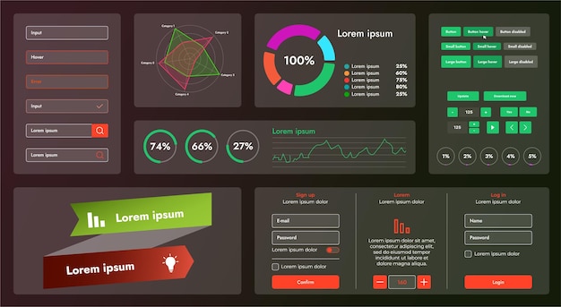 The picture shows the interface of a web application or site consisting of navigation elements buttons and various components Design includes menu search form icons and vector graphics