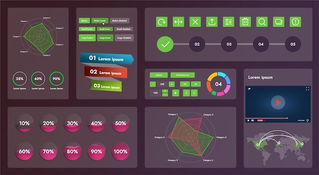 The picture shows the interface of a web application or site consisting of navigation elements buttons and various components Design includes menu search form icons and vector graphics