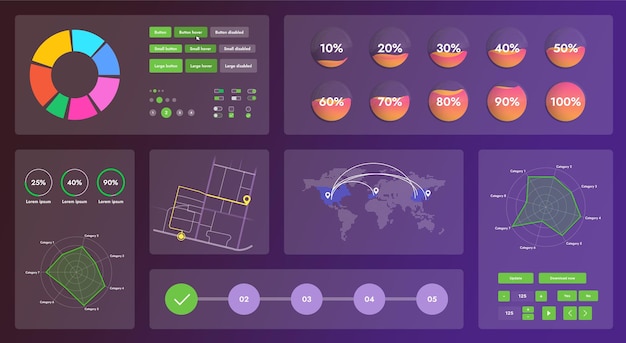 The picture shows the interface of a web application or site consisting of navigation elements buttons and various components Design includes menu search form icons and vector graphics