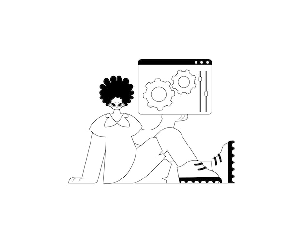 the valet is holding a browser with setting and repair picture subscribe theme blacken and white line art trendy style vector illustration