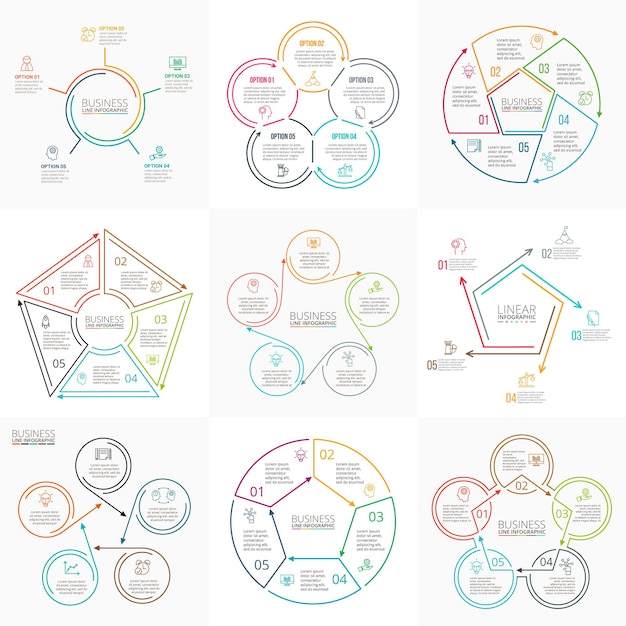 thin line flat circles pentagons and other elements for infographic with 5 options