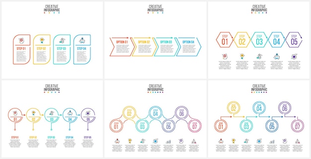 Thin line flat elements for infographic with 4 5 6 and 7 options parts steps or processes