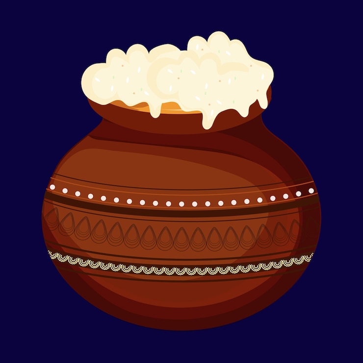 Vektor this colorful illustration depicts a traditional clay pot filled with dahi curd or yogurt a significant food offering
