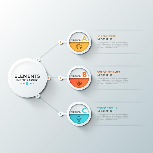 Three circles with thin line pictograms and letters inside connected to central paper white round element. Concept of 3 steps to financial profit. Infographic design template. 