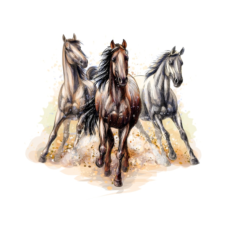 Vektor three horses run gallop from a splash of watercolor, hand drawn sketch.  illustration of paints