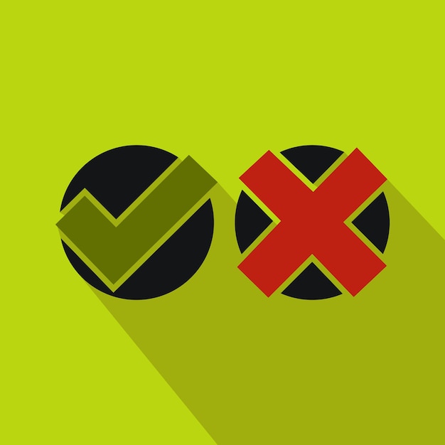 Tick and cross icon in flat style on a green background