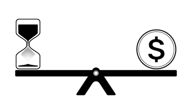 time and money balance concept sand clock and dollar coin on a seesaw symbol vector illustration