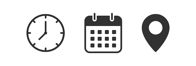 Time date location icon Address event Calendar clock geo pin symbol Meeting information Vector illustration