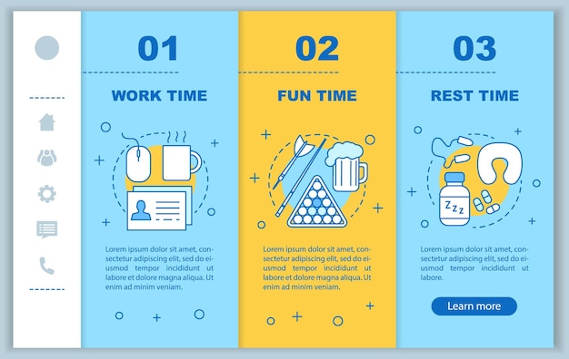 time management onboarding mobile web pages vector template responsive smartphone website interface idea with linear illustrations rest fun time webpage walkthrough step screens color concept
