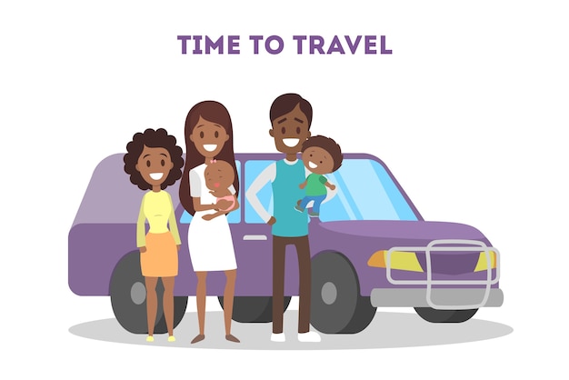 Time to travel with   family. Happy parents and children standing at the violet minivan car. Idea of holiday and vacation.    illustration