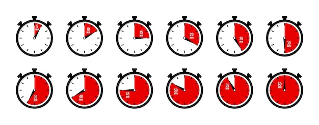 timer, clock, stopwatch isolated set icons. countdown 10, 20, 30, 40, 50, 60 minutes.