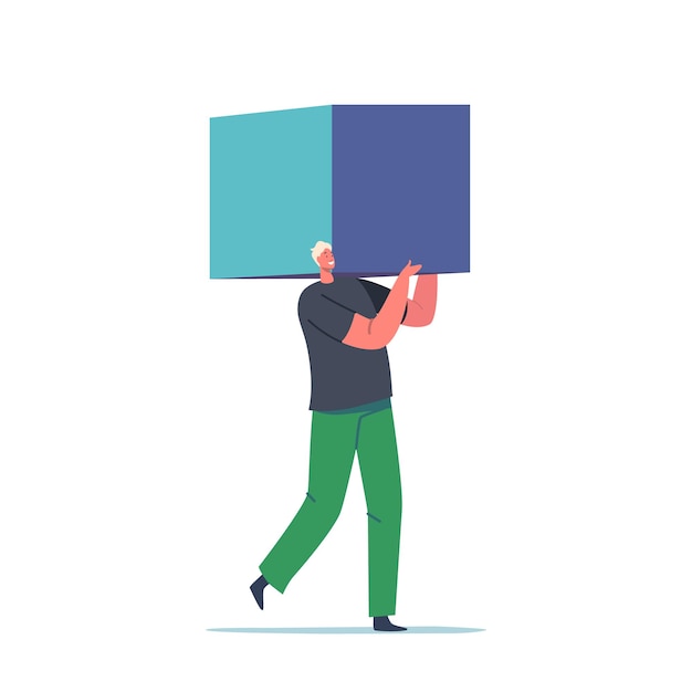 tiny male character carry huge cube or building block isolated on white background blockchain technology data elements