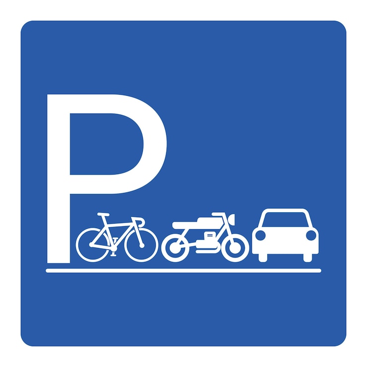 Vektor tisknutelné izolované obdélníkové čtvercové modré a bílé parkoviště s ilustrací auta, motorky