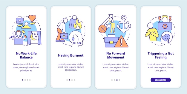 Toxic work environment signs onboarding mobile app screen Walkthrough 4 steps graphic instructions pages with linear concepts UI UX GUI template Myriad ProBold Regular fonts used